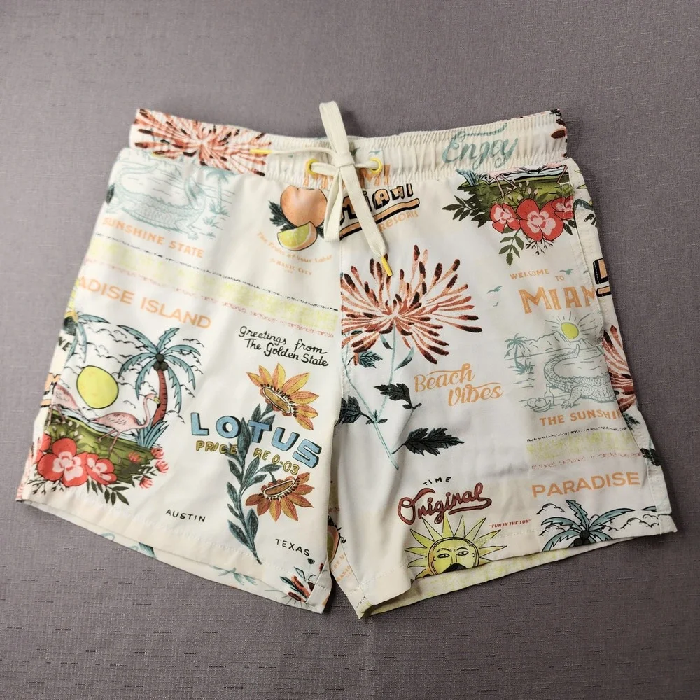 Malibu by Drill Clothing Co Mens Medium Swim Shorts Beach Postcard Print Resort